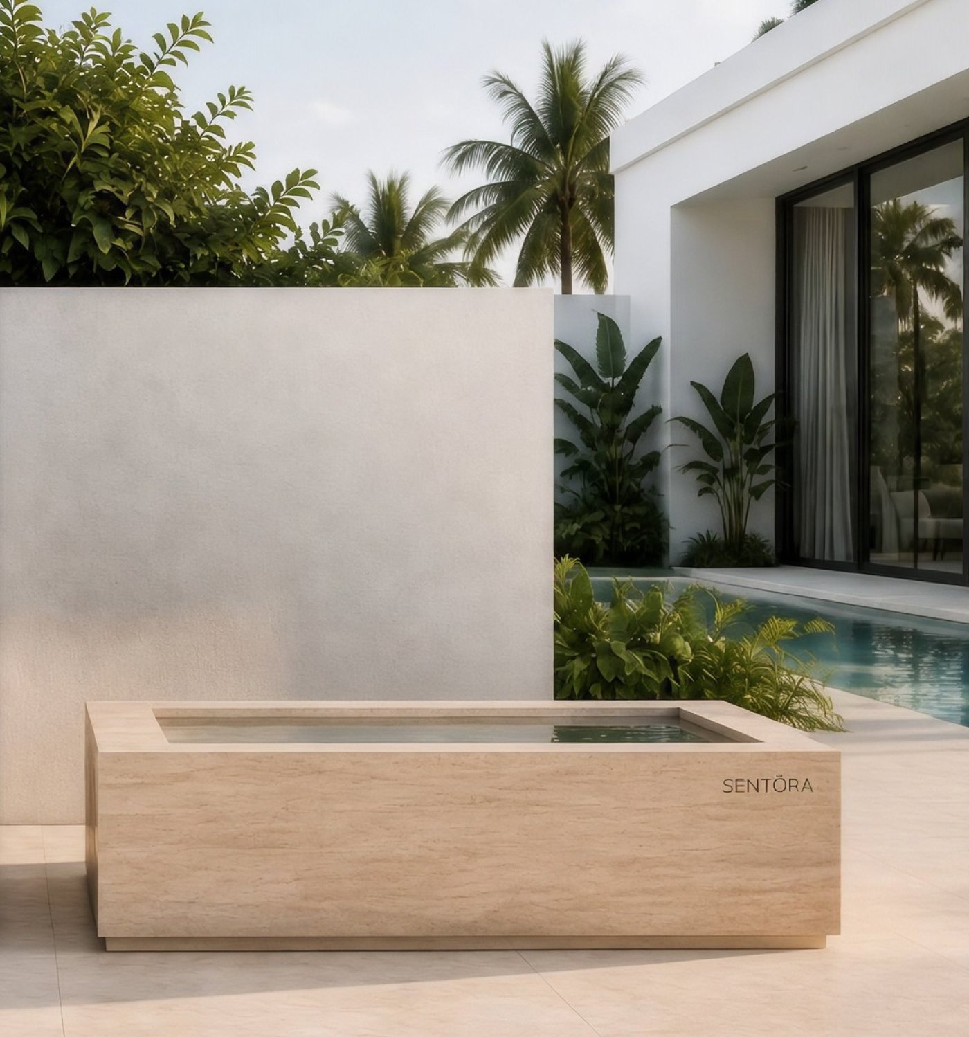 Sentora freestanding stone-finish cold plunge beside an outdoor pool