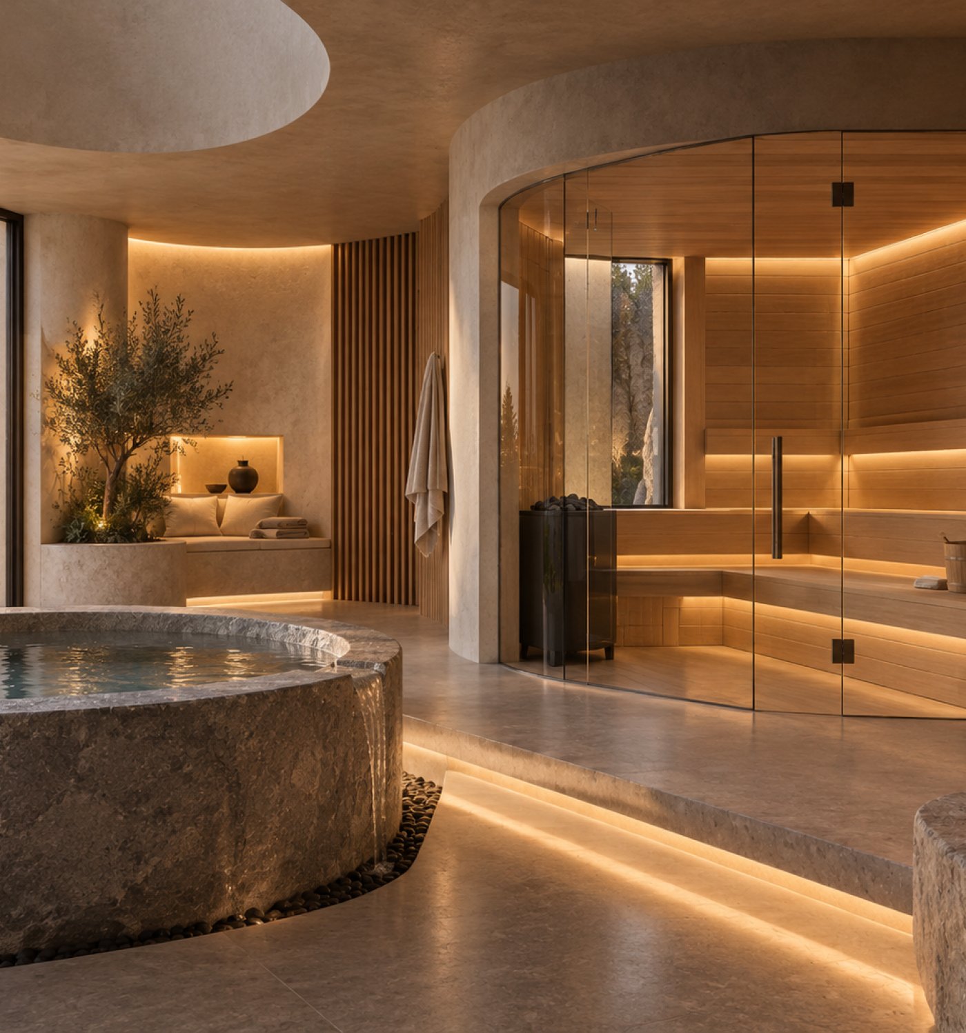 Bespoke spa with curved glass sauna and stone plunge pool