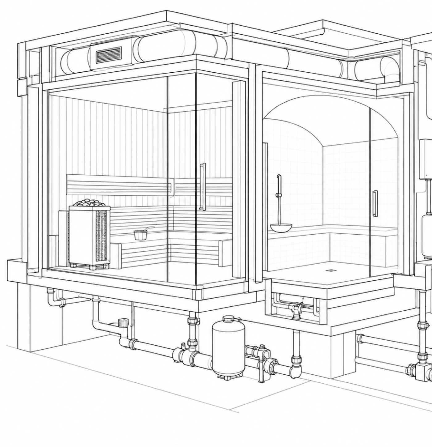 Technical cutaway drawing of a sauna and steam room with plant and pipework