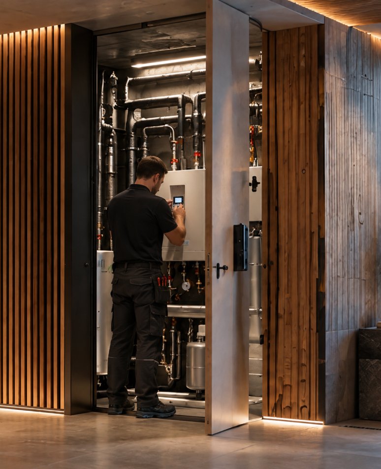 Technician adjusting a steam generator in a concealed plant room
