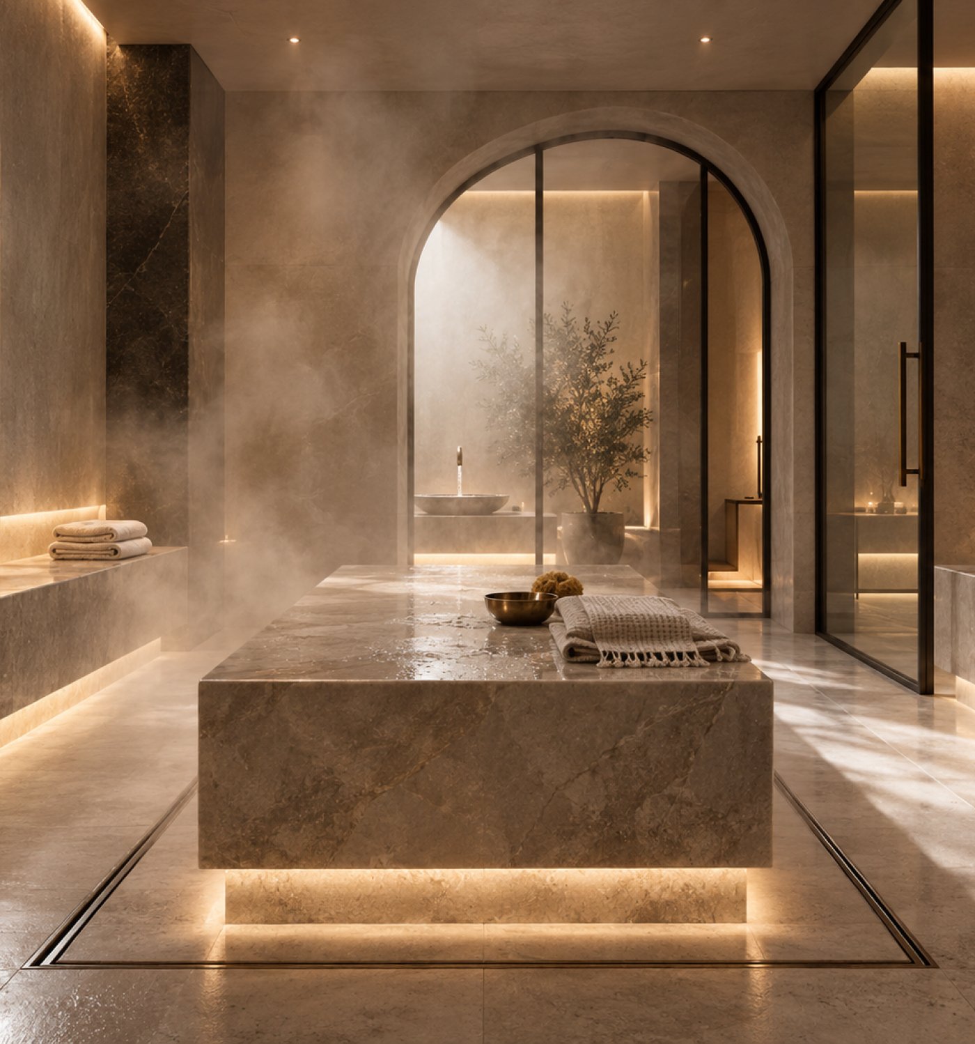 Hammam with heated marble platform and arched doorway