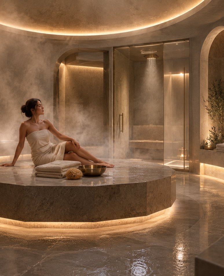 Woman resting on a heated hammam platform