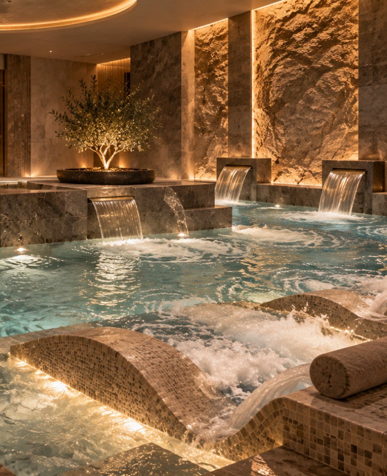 Hydrotherapy pool with mosaic loungers and stone water features