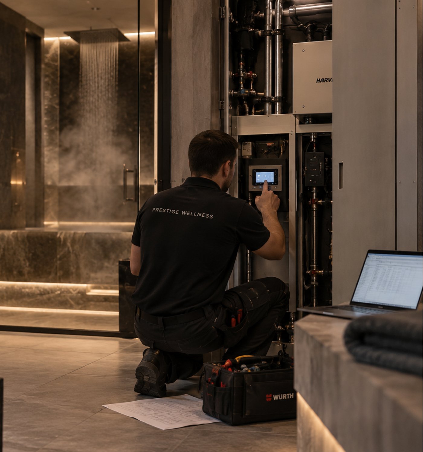 Prestige Wellness technician commissioning a steam room control panel