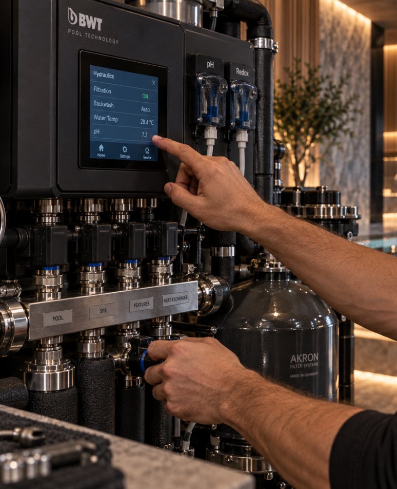 Technician adjusting a pool water treatment control panel