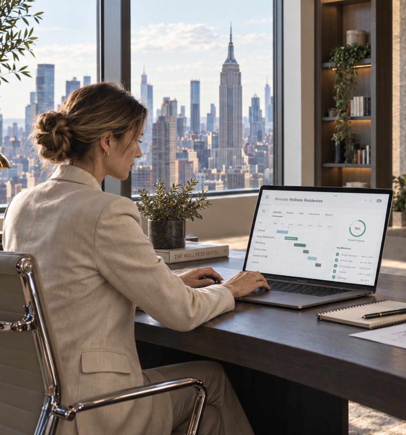 Project manager reviewing a wellness project schedule in a New York office